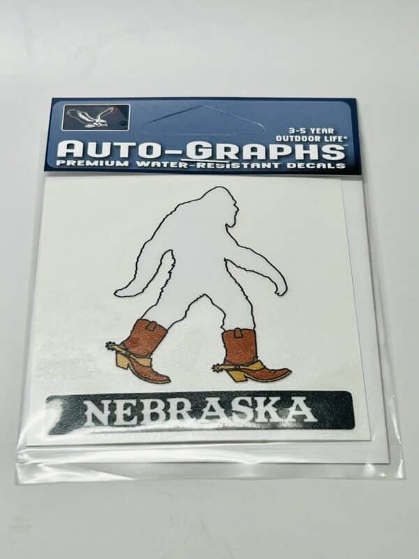 Quality water resistant auto decal with image of Sasquatch in cowboy boots